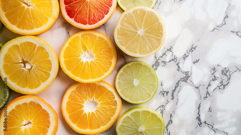Citrus fruits like oranges, lemons, and limes sliced and displayed on a white marble background Citrus fruits like oranges, lemons, and limes sliced and displayed on a white marble background