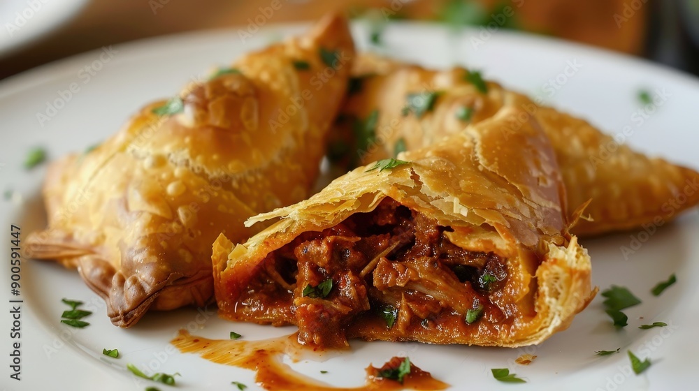 A plate holds golden-brown samosas, perfectly crisp and filled with spicy, flavorful pulled ingredients, garnished with fresh herbs A plate holds golden-brown samosas, perfectly crisp and filled with spicy, flavorful pulled ingredients, garnished with fresh herbs