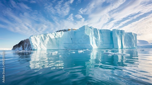 Close-up of the glacier with recently-calved pieces of ice frozen. Melting glacier. Illustration of climate change. Environmental disaster.