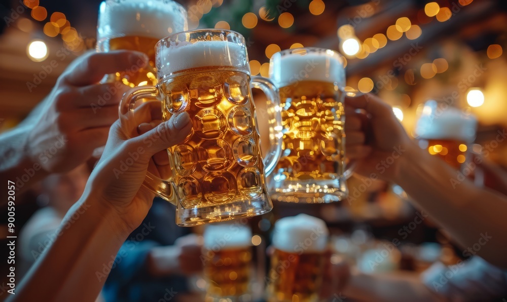 Group of friends toasting with beer mugs in a festive tent at the Oktoberfest festival. Group of friends toasting with beer mugs in a festive tent at the Oktoberfest festival.