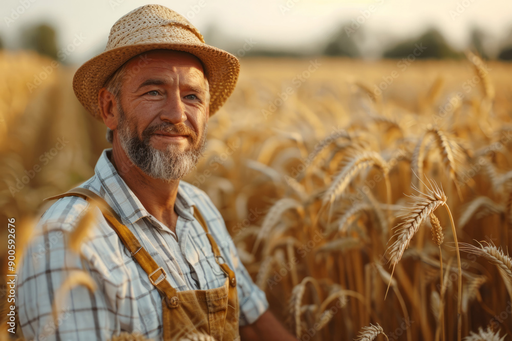 Fototapeta premium Farmer in a straw hat in a wheat field
