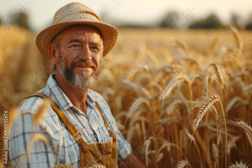 Farmer in a straw hat in a wheat field