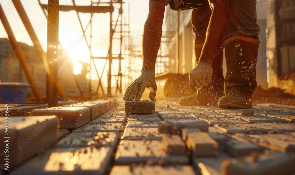 A bricklayer wearing gloves and a jacket carefully places bricks on a construction site, showcasing the meticulous detail and hard work involved in building structures