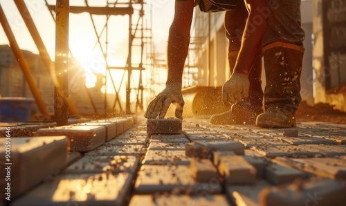 Obraz na płótnie A bricklayer wearing gloves and a jacket carefully places bricks on a construction site, showcasing the meticulous detail and hard work involved in building structures w salonie