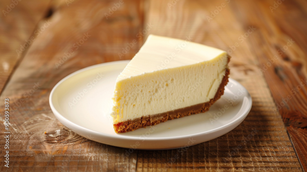 A slice of delicious cheesecake resting on a wooden surface. The creamy, decadent slice is served on a white plate, ready to be enjoyed. A slice of delicious cheesecake resting on a wooden surface. The creamy, decadent slice is served on a white plate, ready to be enjoyed.