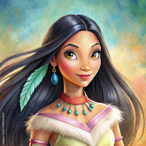 Beautiful Native American Girl , Portrait Indian girl with Long Hair . Pocahontas Warrior illustration.	 photo