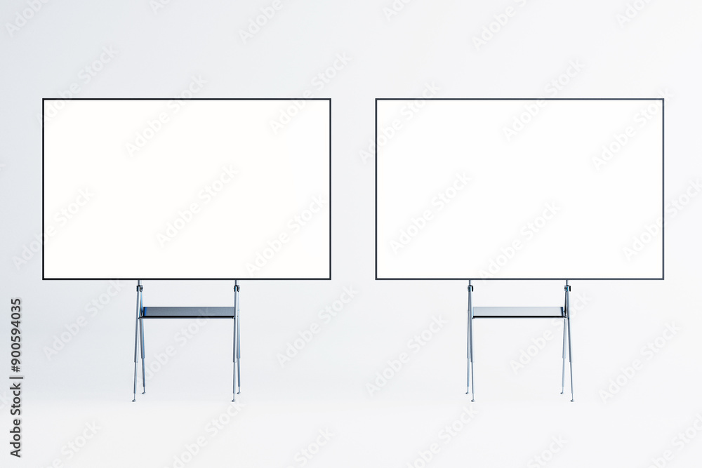 Two blank whiteboards on easels in a modern interior room. 3D Rendering