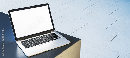 Modern laptop with blank screen on a dark surface outdoors. 3D Rendering