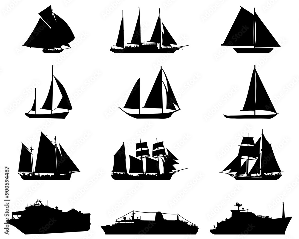 Black silhouettes of sailboats and ships on a white background Black silhouettes of sailboats and ships on a white background