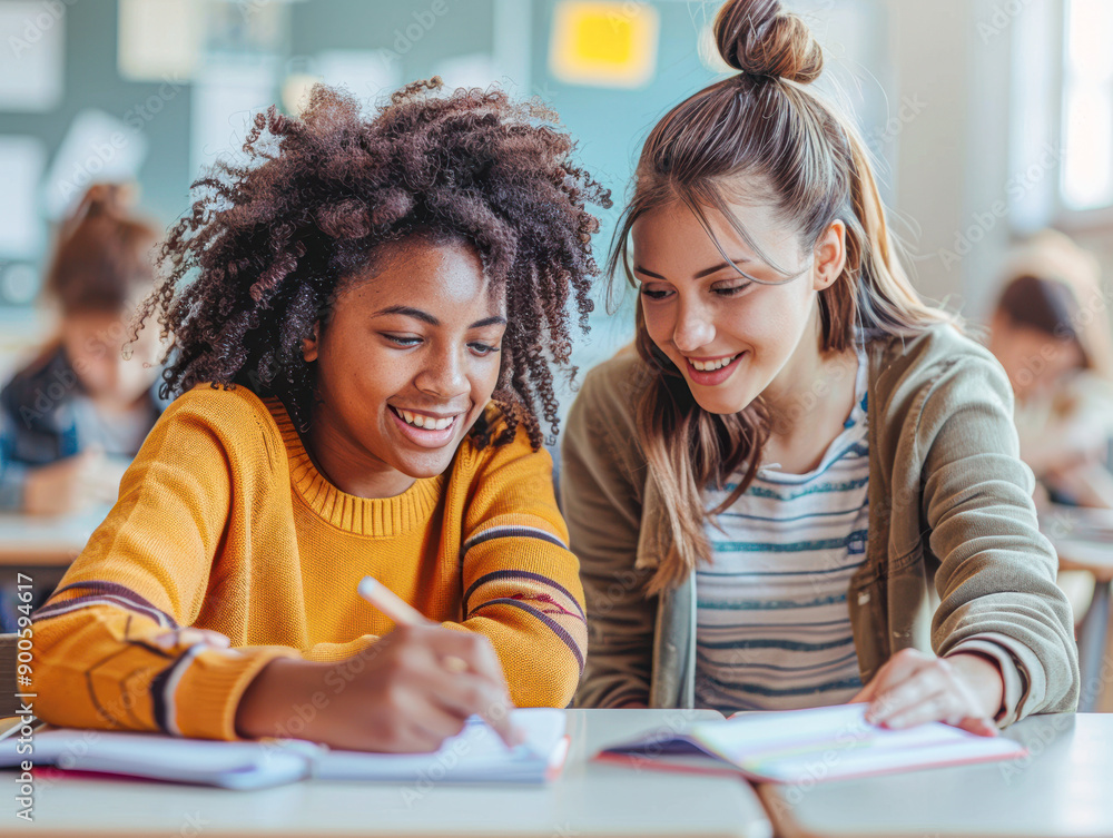 Fototapeta premium Compassionate Teacher Helping Student with Homework in Classroom