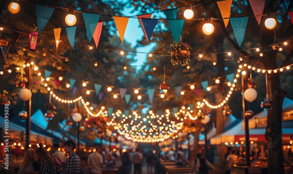 Festive scene with bunting and string lights overhead at the Oktoberfest festival. Festive scene with bunting and string lights overhead at the Oktoberfest festival.