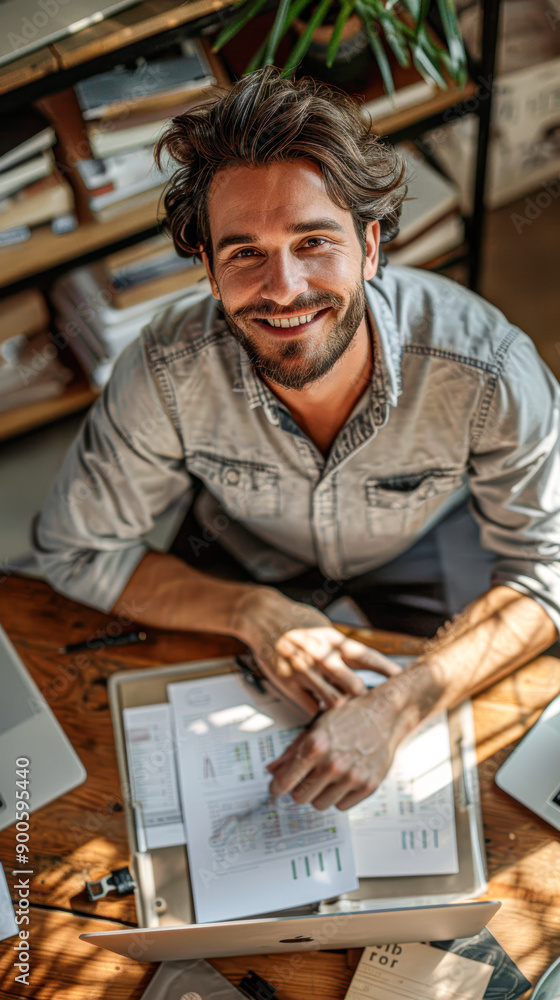 A man is sitting at a desk with a laptop and a clipboard A man is sitting at a desk with a laptop and a clipboard