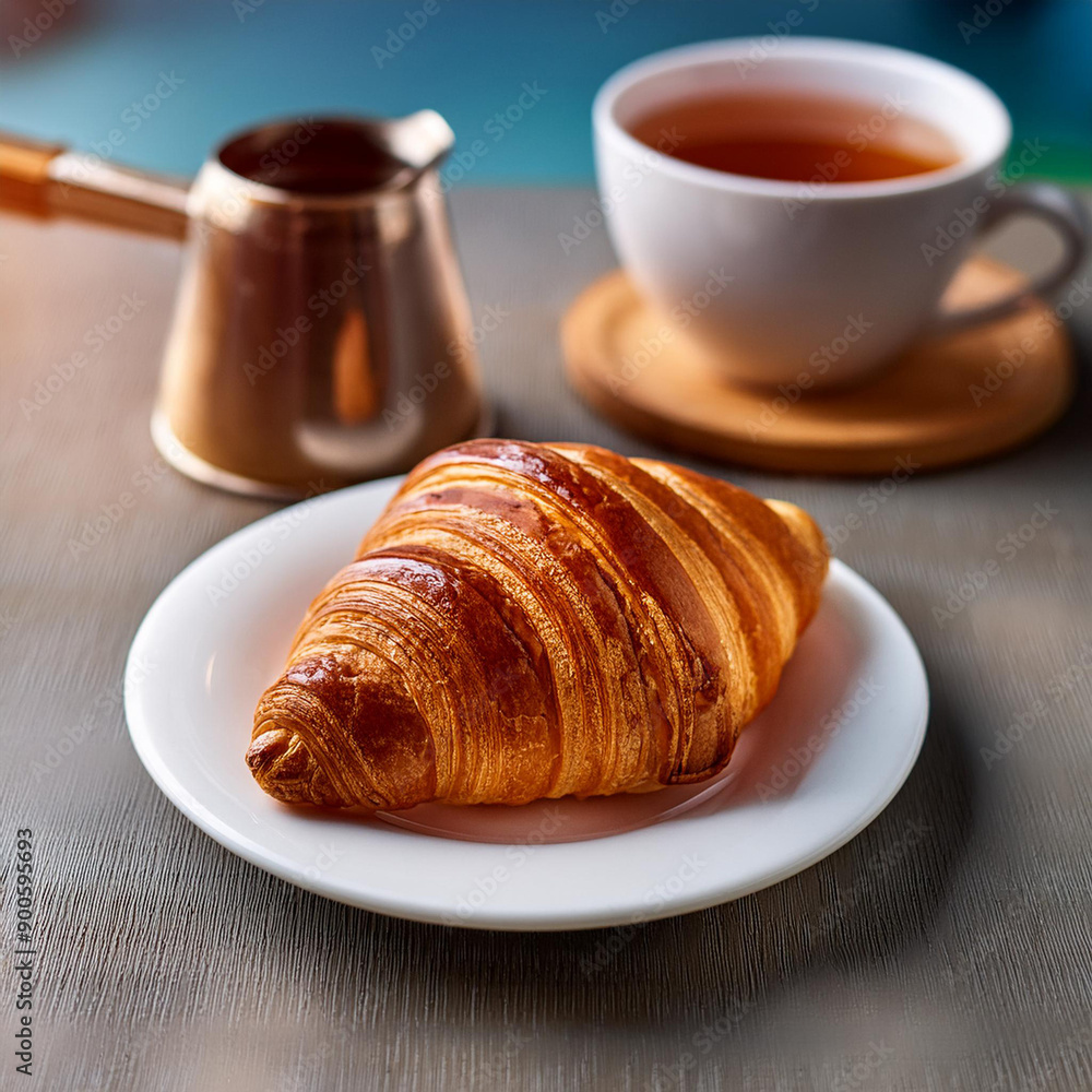 A croissant on a white plate. A cup of warm tea. On the table. Background blurred. A croissant on a white plate. A cup of warm tea. On the table. Background blurred.