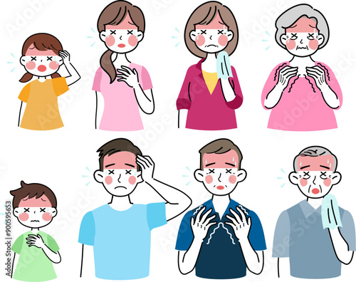 イラスト素材: 熱中症で苦しそうな老若男女