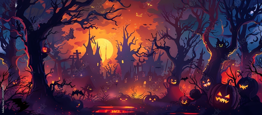 A Spooky Halloween Night with Jack-o-Lanterns, Bats, and a Haunted Town A Spooky Halloween Night with Jack-o-Lanterns, Bats, and a Haunted Town