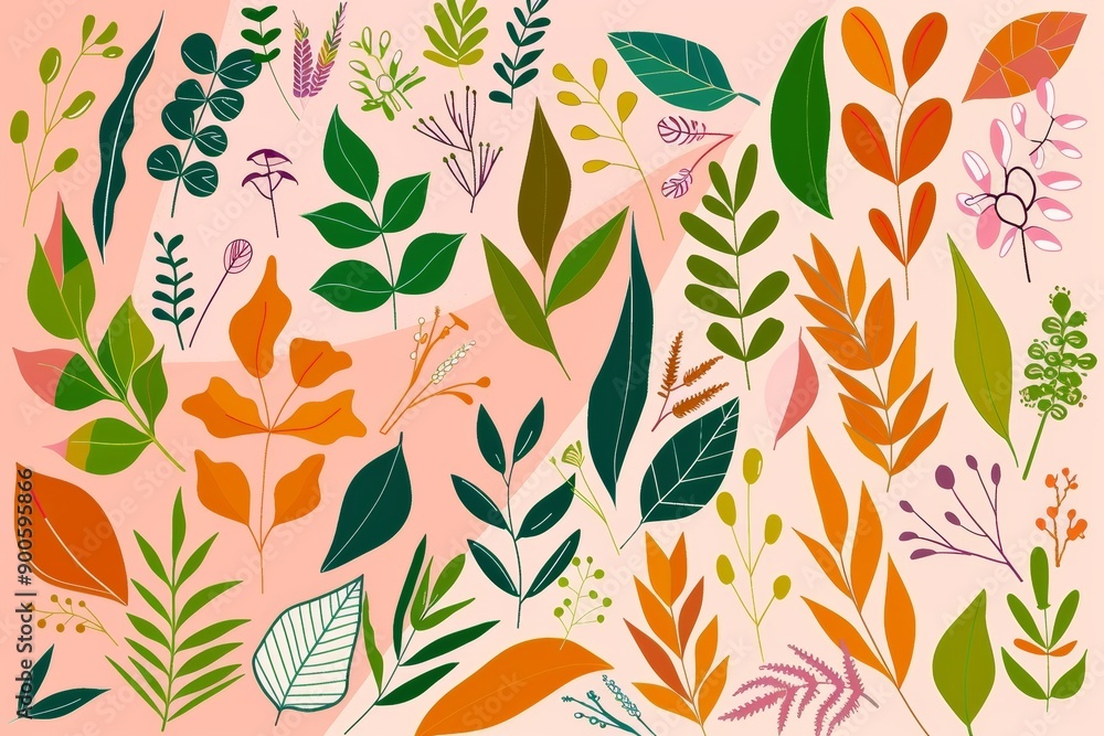 A vibrant collection of leaves in various shades of green, orange, and pink. A vibrant collection of leaves in various shades of green, orange, and pink.