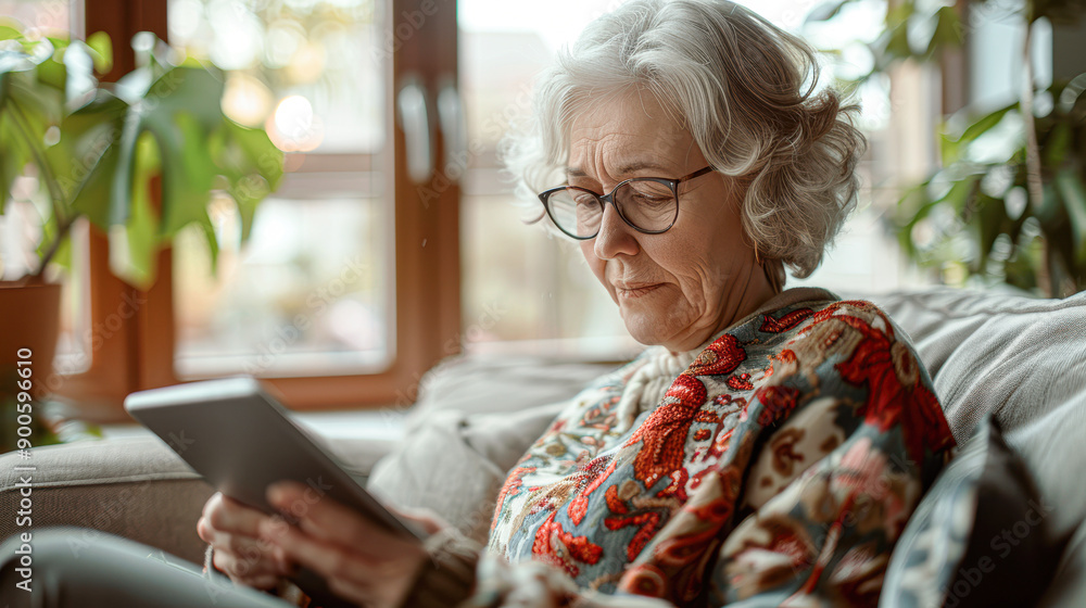 A woman in a red and blue floral sweater is sitting on a couch A woman in a red and blue floral sweater is sitting on a couch