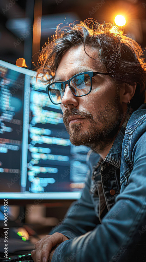 Focused Software Engineer Writing Code in Bright Tech Office Focused Software Engineer Writing Code in Bright Tech Office