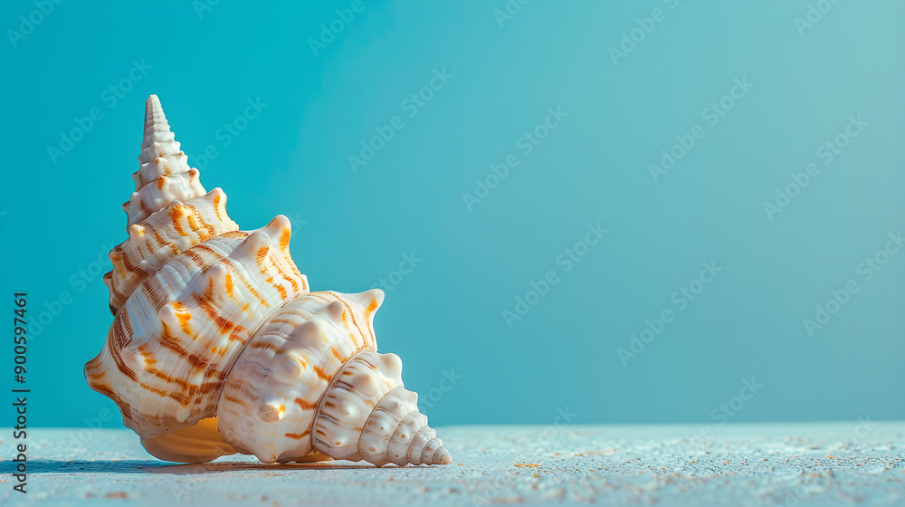 Delicate seashell sitting alone on a serene soft blue background, minimalist elegance at its finest. Delicate seashell sitting alone on a serene soft blue background, minimalist elegance at its finest.