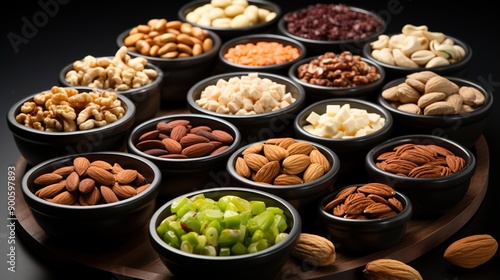 a variety of nuts and almonds are displayed on a table.