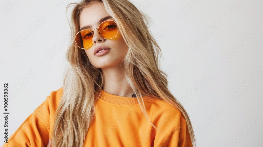 A blonde woman wearing a yellow shirt and sunglasses A blonde woman wearing a yellow shirt and sunglasses