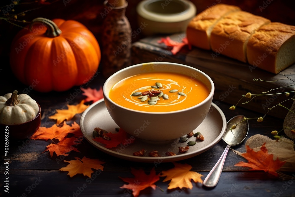 Autumn-themed table setting with a bowl of pumpkin soup, fresh pumpkins, autumn leaves, and wooden background for cozy and seasonal presentation Autumn-themed table setting with a bowl of pumpkin soup, fresh pumpkins, autumn leaves, and wooden background for cozy and seasonal presentation