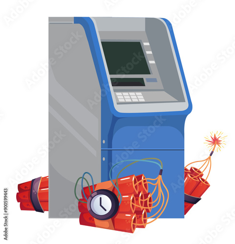 ATM bank robbery wit bomb dynamite isolated concept. Vector flat graphic design cartoon illustration