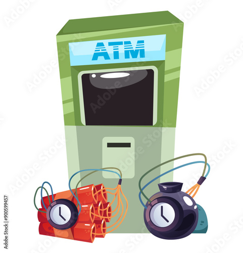 ATM bank robbery wit bomb dynamite isolated concept. Vector flat graphic design cartoon illustration