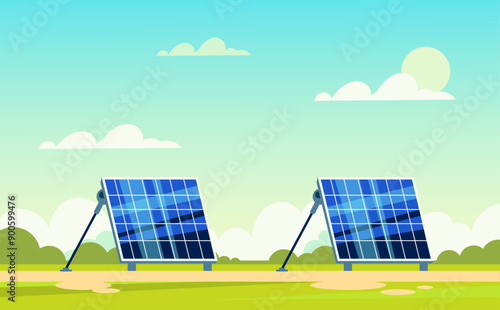 Solar panels on field concept. Vector flat graphic design cartoon illustration