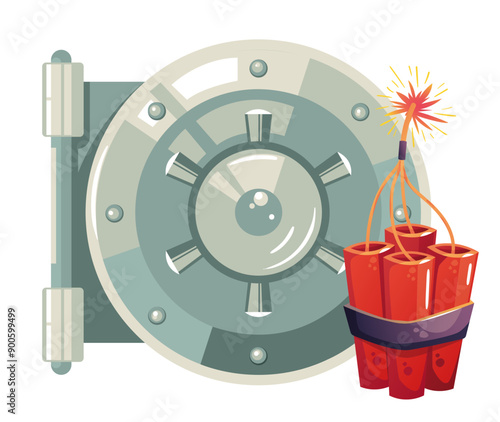 Bomb in bank safe room robbery safety storage concept. Vector flat graphic design cartoon illustration