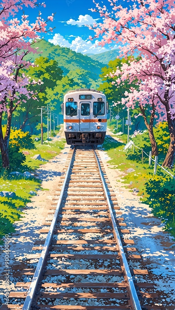 Fototapeta premium Train with sakura tree