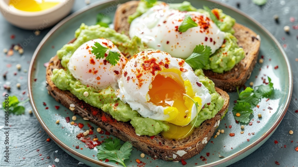 Enjoy a plate of whole grain toast topped with creamy avocado and perfectly poached eggs, garnished with spices and fresh herbs Enjoy a plate of whole grain toast topped with creamy avocado and perfectly poached eggs, garnished with spices and fresh herbs
