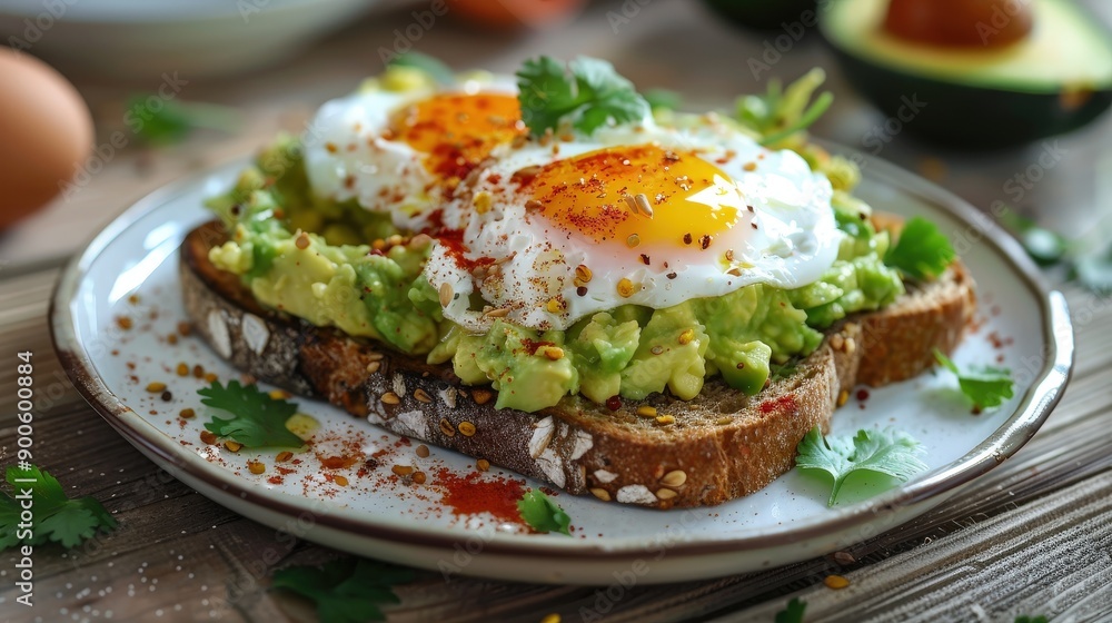 This nutritious meal features whole grain toast topped with creamy avocado and perfectly poached eggs, garnished with spices and herbs This nutritious meal features whole grain toast topped with creamy avocado and perfectly poached eggs, garnished with spices and herbs