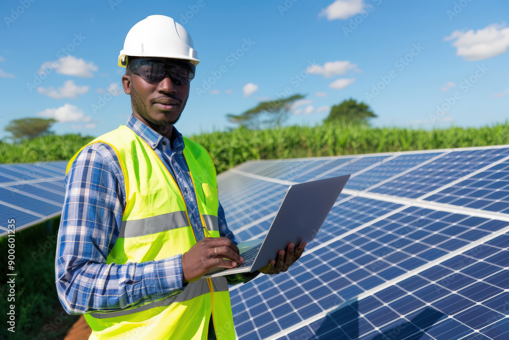 Solar Engineer Working on Solar Panels During Day Solar Engineer Working on Solar Panels During Day
