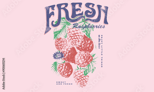 Nature fruit club print design. Organic berry food artwork for for t-shirt. Fruit vintage t-shirt design. Fresh raspberry artwork. Organic fruit market. raspberry fruit print.