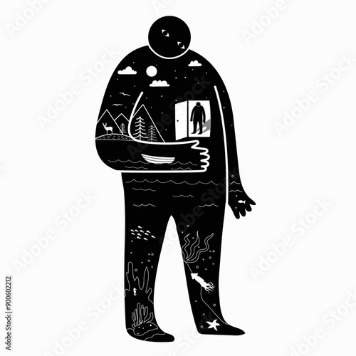 Abstract vector illustration. Little man opens the door to nature. Silhouettes of people and animals. Black and white.