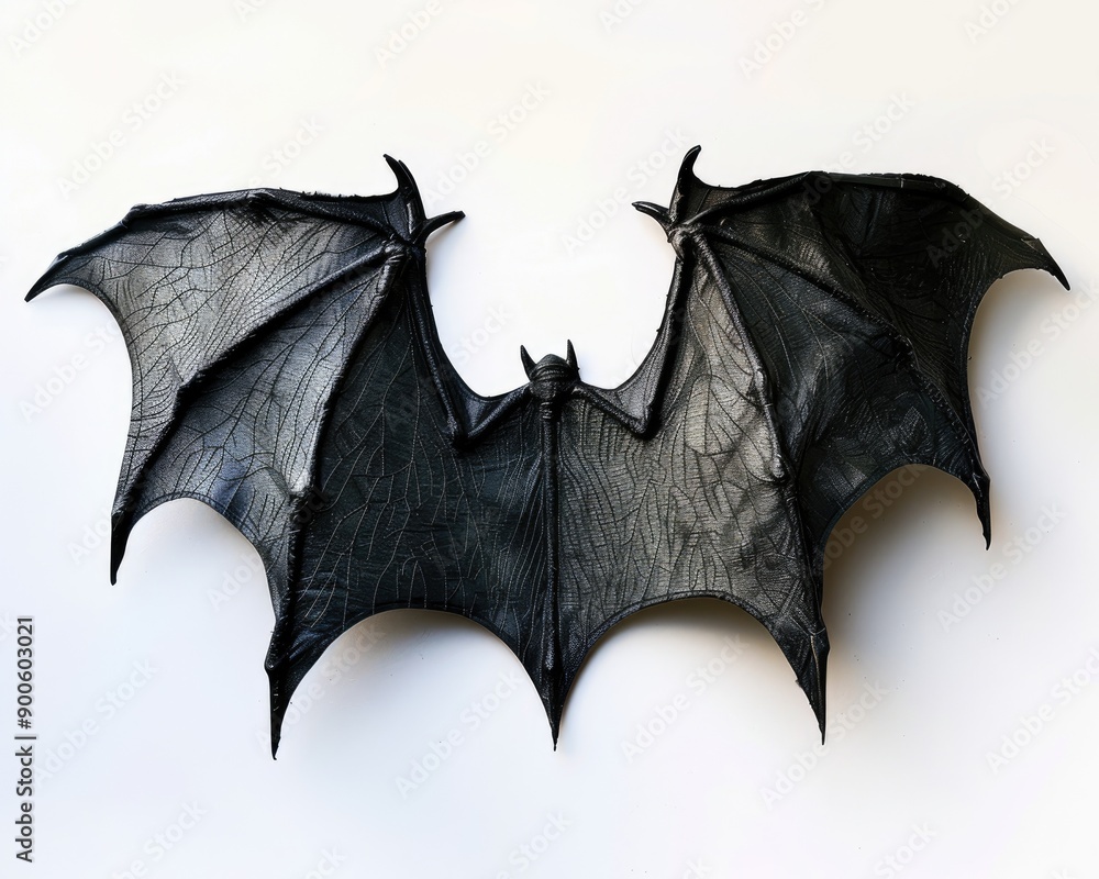 Naklejka premium A striking black bat with outstretched wings, showcasing intricate details and a dramatic pose against a simple background.