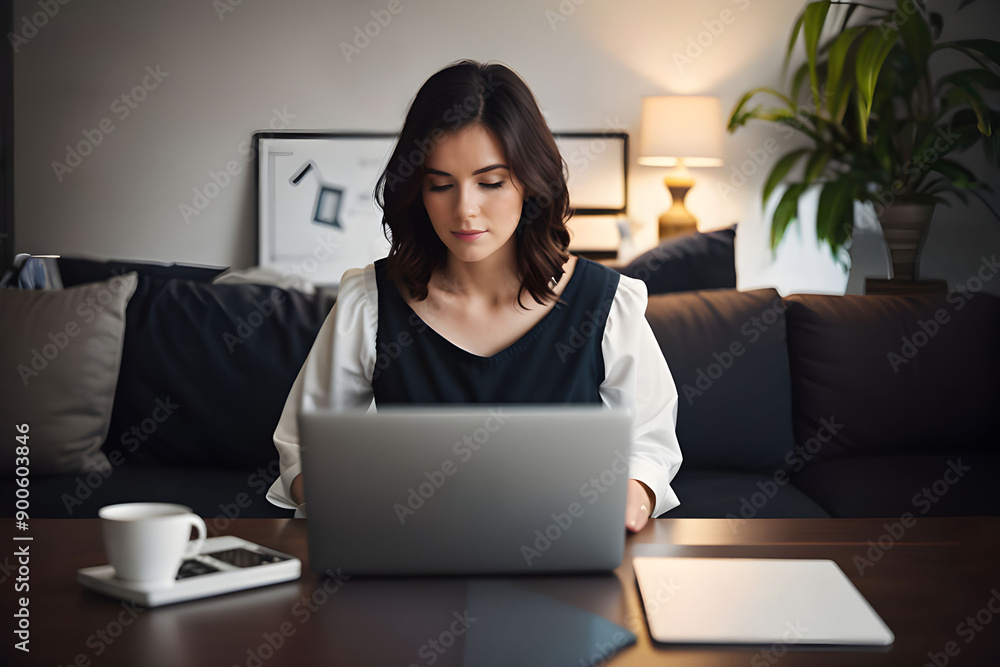 Professional woman working on a laptop in a modern home office showcasing productivity and focus Professional woman working on a laptop in a modern home office showcasing productivity and focus