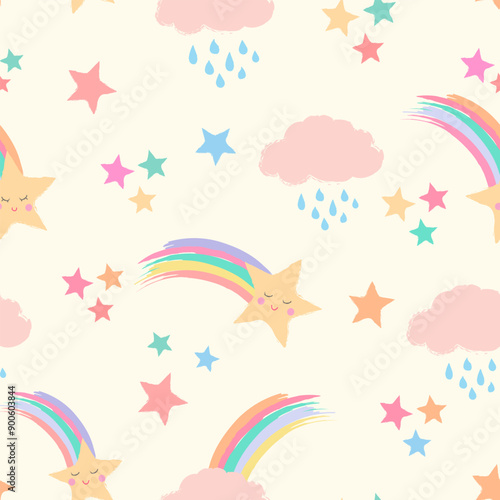 Seamless repeat pattern in pastel colors with shooting stars with cute smiling faces, rainbows and clouds with raindrops on cream. Kids, baby packaging, bedding, apparel and more.