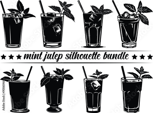 Mint Julep Silhouette Bundle, mint julep cocktail glass drink icon vector. mint julep cocktail glass drink sign.