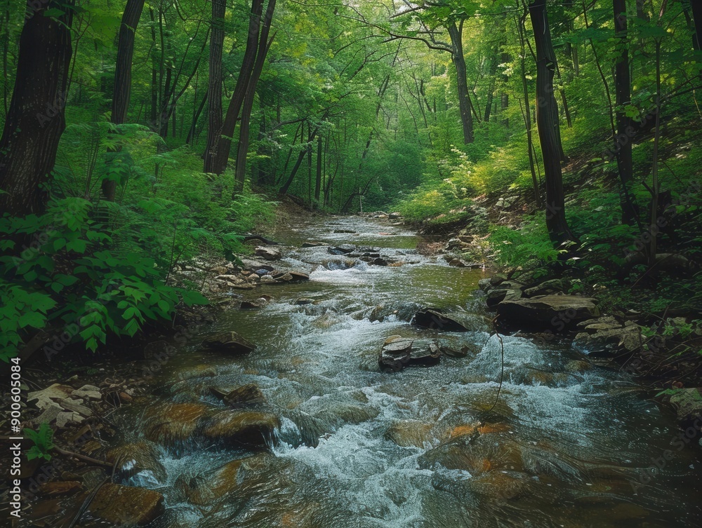 Gently winding stream flowing over smooth rocks, dense forest greenery on either side, soft light filtering through the trees, captured with a wide-angle lens for a tranquil scene Gently winding stream flowing over smooth rocks, dense forest greenery on either side, soft light filtering through the trees, captured with a wide-angle lens for a tranquil scene