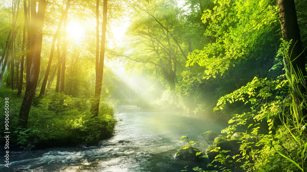 Obraz premium Serene Green Forest with Sunlit River: A Showcase of Natural Beauty and Sustainability
