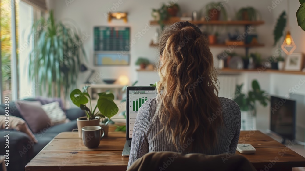 Home Office Woman Analyzing Financial Data on Laptop Home Office Woman Analyzing Financial Data on Laptop