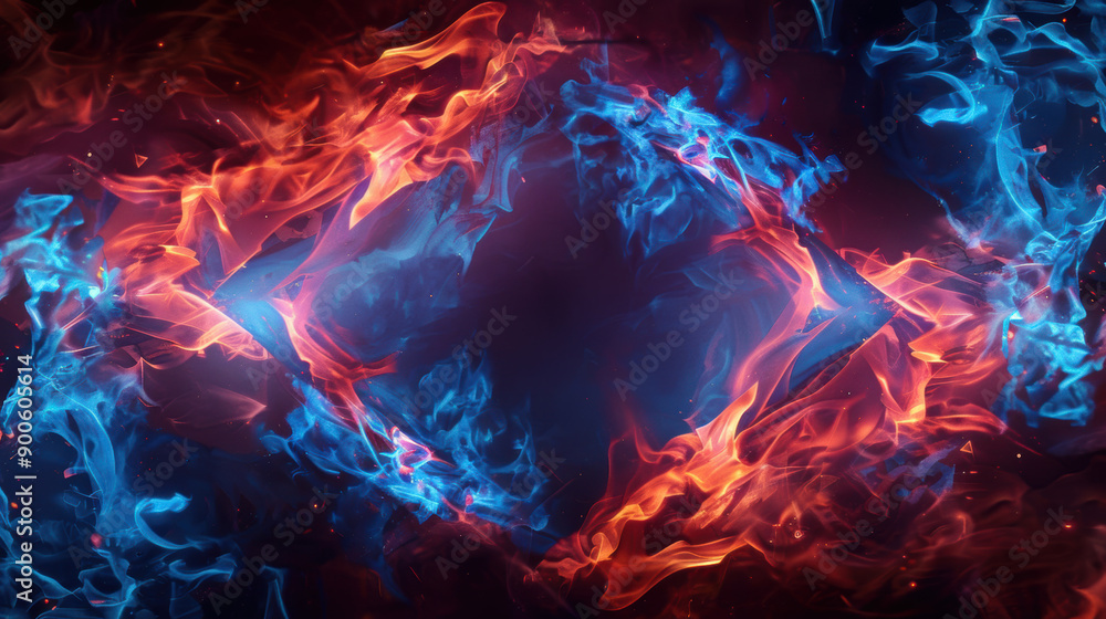 Fototapeta premium A diamond-shaped frame made of swirling blue and red flames, with the fire creating a glowing and intense border