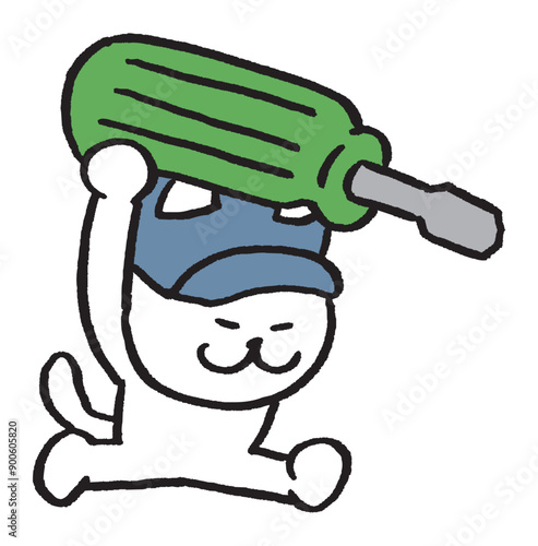 作業をする目が細いかわいい白猫のキャラ素材