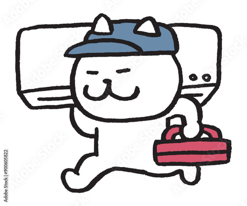 作業をする目が細いかわいい白猫のキャラ素材