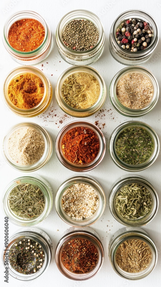 A vibrant collection of spices in glass jars, showcasing various colors and textures for culinary inspiration. A vibrant collection of spices in glass jars, showcasing various colors and textures for culinary inspiration.
