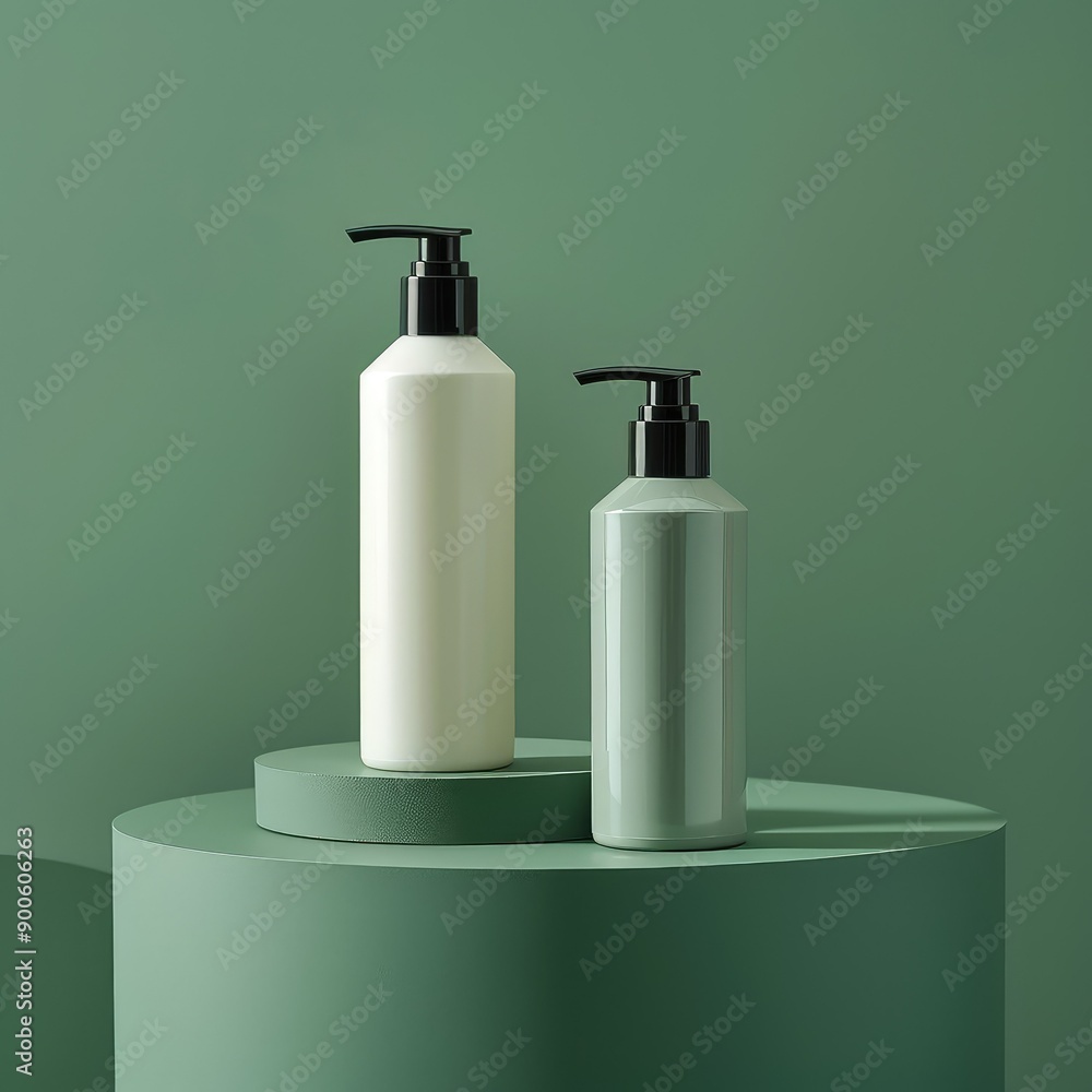 Minimalist green and white lotion pump bottles on cylindrical podiums, against a monochromatic green background. Clean and modern design. Minimalist green and white lotion pump bottles on cylindrical podiums, against a monochromatic green background. Clean and modern design.