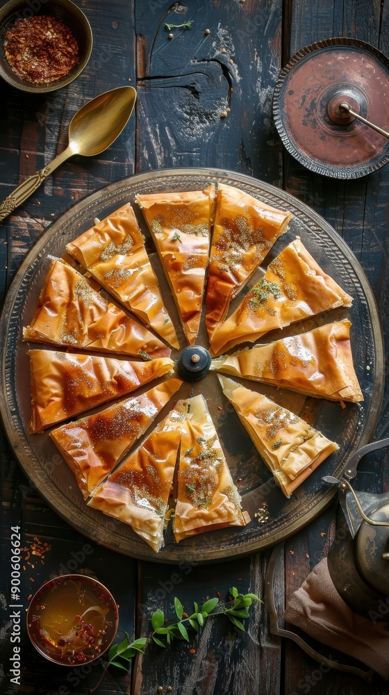 Deliciously golden baklava dessert sliced on a wooden platter, garnished with spices and herbs, perfect for vibrant culinary displays. Deliciously golden baklava dessert sliced on a wooden platter, garnished with spices and herbs, perfect for vibrant culinary displays.