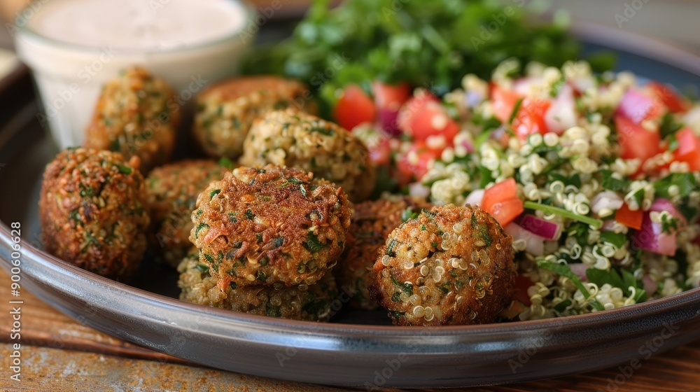 A plate features baked falafel balls alongside a fresh quinoa tabbouleh salad and tahini sauce, showcasing a vibrant culinary experience A plate features baked falafel balls alongside a fresh quinoa tabbouleh salad and tahini sauce, showcasing a vibrant culinary experience